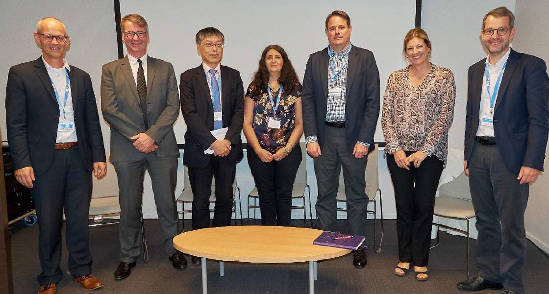 The picture shows all presenters from the left: Peter van der Vlugt, Dr. Michael Sharpe, Antonio Kung, Michelle Wetterwald, Jim Wilson, Claire d’Esclercs and Norbert Schlingmann. AEF Conference Day: Partnering with others in Digital Landscape
