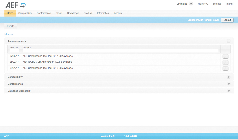 Page d’accueil de la base de données AEF ISOBUS